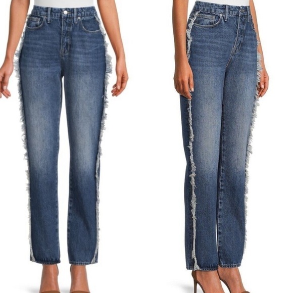 GOOD AMERICAN GOOD BOY FRINGE STRAIGHT LEG JEANS SIZE 27 NWT - Picture 1 of 12
